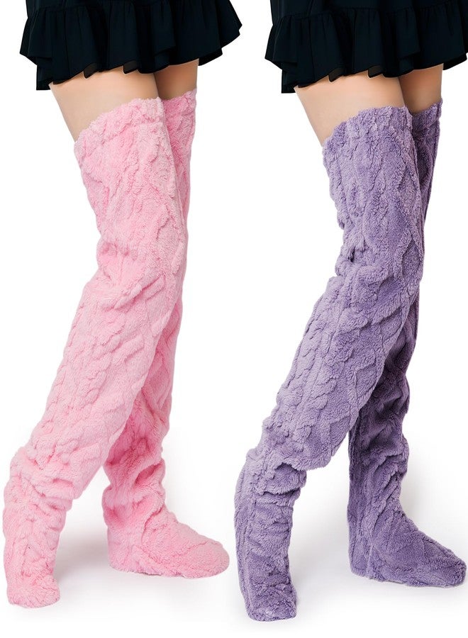 Croloose 2 Pairs High Fuzzy Socks over Knee Winter Leg Warmers Plush Extra Thick Slipper Socks for Women Christmas Sleeping(Purple, Pink,Pattern Style) - Image 1